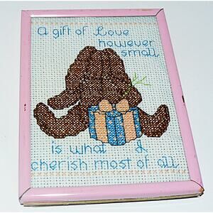 Vintage Handmade Cross Stitch Rabbit With Gift & Inspirational Quote Pink Frame